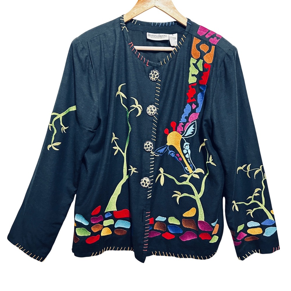 Drapers Damons Women Button Jacket L Black Giraffe Embroidered Statement Artwear